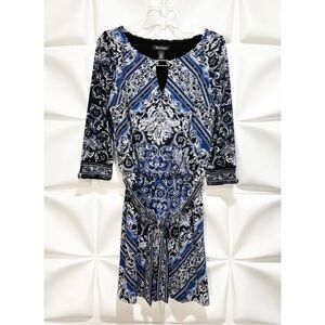 White House Black Market Sz S Black Blue Paisley Print Slinky Belted Dress WHBM